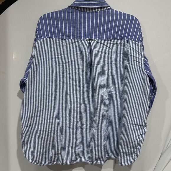 Old Navy Boyfriend Shirt Womens XL Blue White Stripe Linen Blend Button - Picture 3 of 8